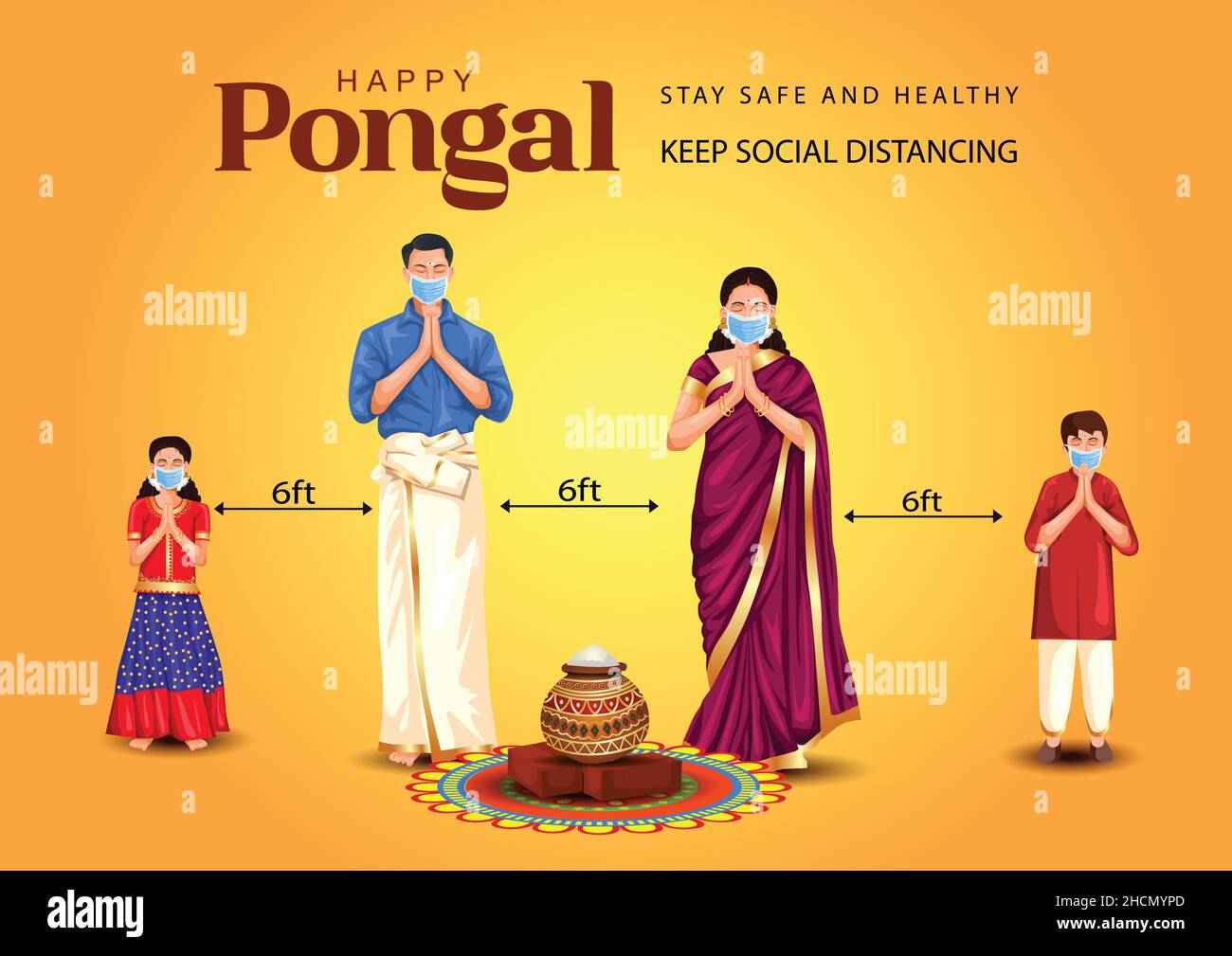 Happy Pongal celebration with sugarcane, Rangoli, pot and rice. Tamil family offering prayers. Indian cultural festival celebration concept vector ill Stock Vector