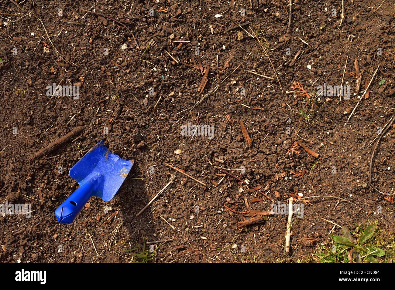 Earth from above with a blue shovel Top view Stock Photo