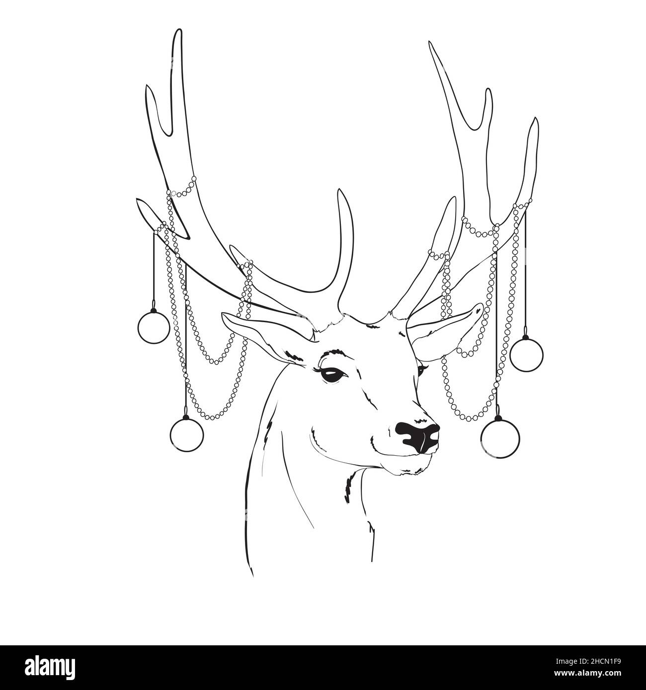 Deer with Christmas balls on the horns. Christmas card with a deer and letters. Cute winter poster, Christmas card, banner, sticker, gift tag Stock Vector