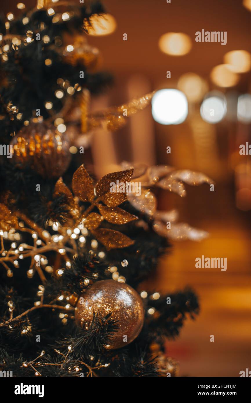Christmas tree green branches decorated with golden magic Christmas ...