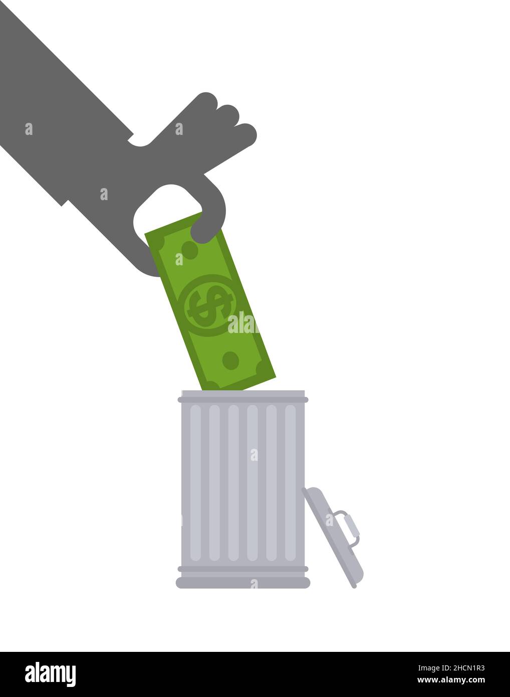Throw away money. Cash in trash can. Throw currency in trash Stock