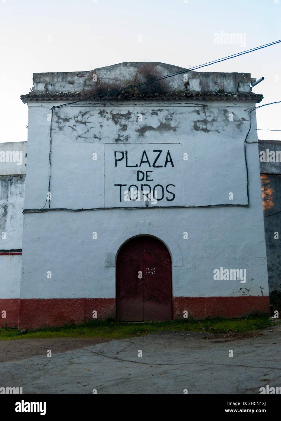 Defective facade of entrance to the box of the Hervas bullring in Caceres Spain Plaza de Toros = bullring Stock Photo