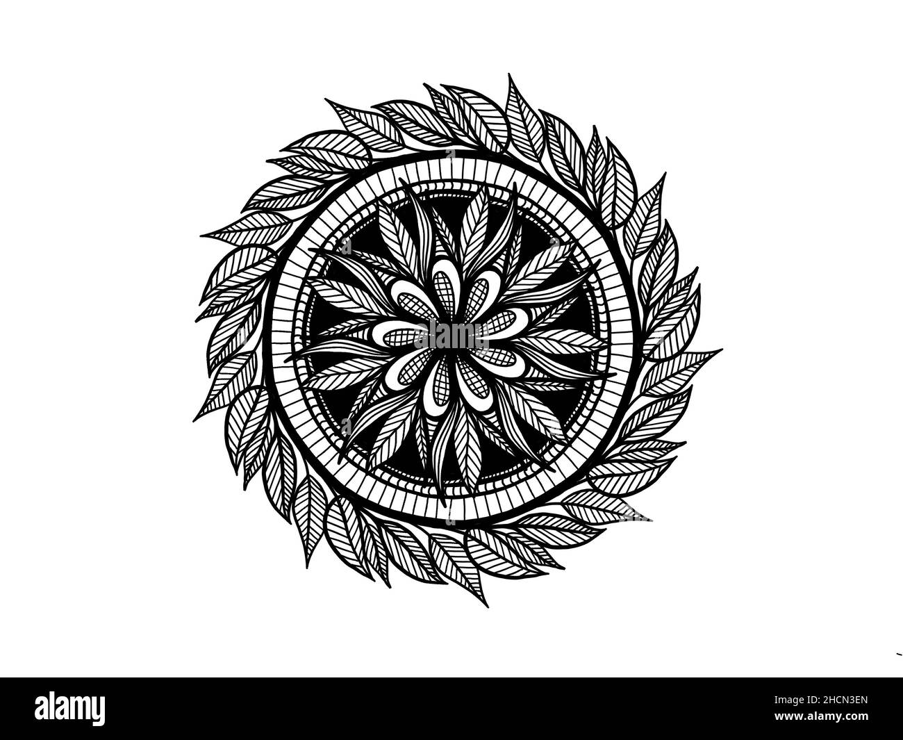black and white floral mandala with leaves ornament hand drawn Stock ...