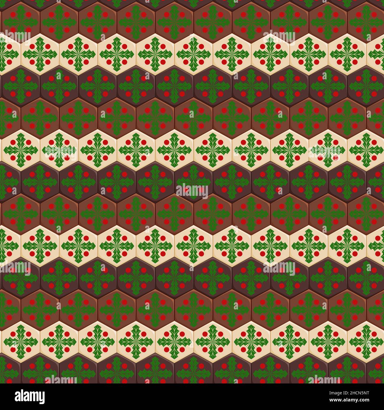 Seamless pattern with hexagonal chocolates and mistletoe. Colored vector Christmas background. Stock Vector