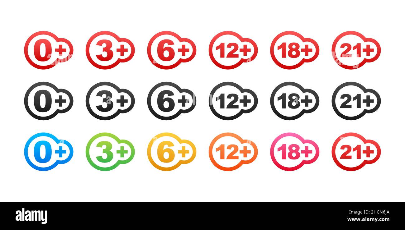 Censored 0, 3, 6, 12, 18, 21 plus sign limit concept. Age restrictions, censorship. Vector stock illustration Stock Vector