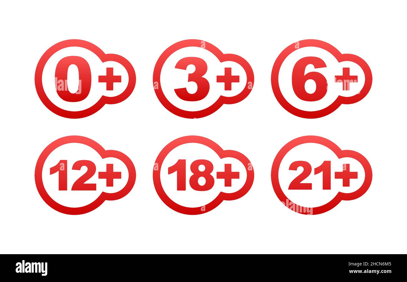 Censored 0, 3, 6, 12, 18, 21 plus sign limit concept. Age restrictions, censorship. Vector stock illustration Stock Vector