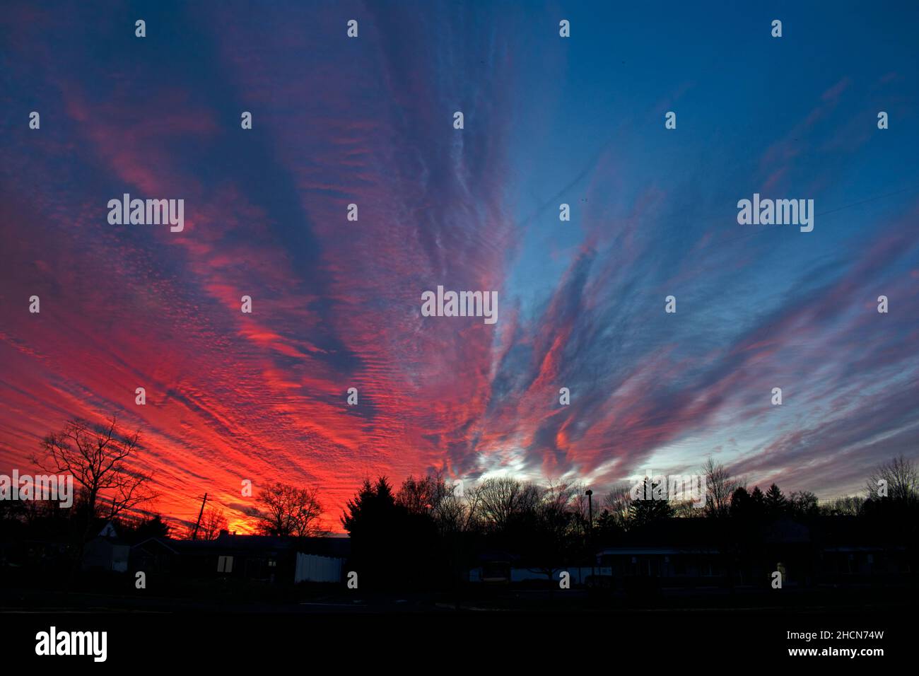 Spectacurar, multi colored sunset in Easy Brunswick, New Jersey, with plenty of stratus cloud coverage -02 Stock Photo