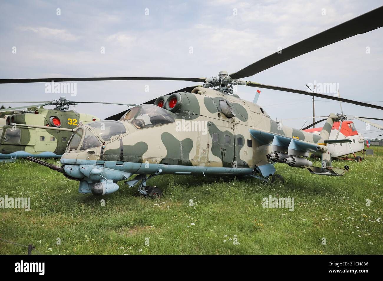 KIEV, UKRAINE - AUGUST 01, 2021: Ukrainian Air Force Mil Mi-24D Hind D displayed at Oleg Antonov State Aviation Museum Stock Photo