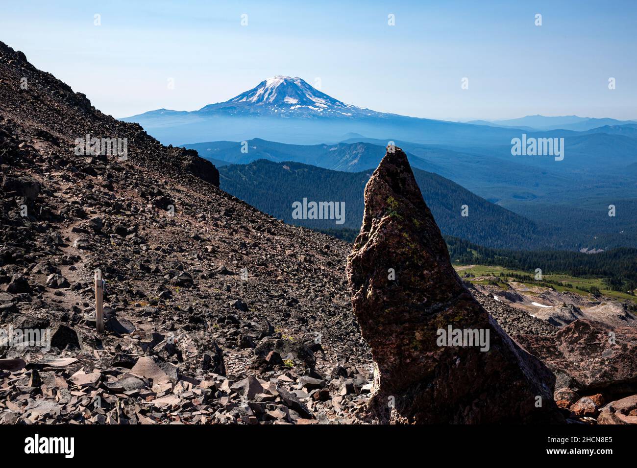 WA19947-00...WASHINGTON - Rock spire marking the intersection with the PCT Alternate and Old Snowy Trails in the Goat Rocks Wilderness area. Stock Photo