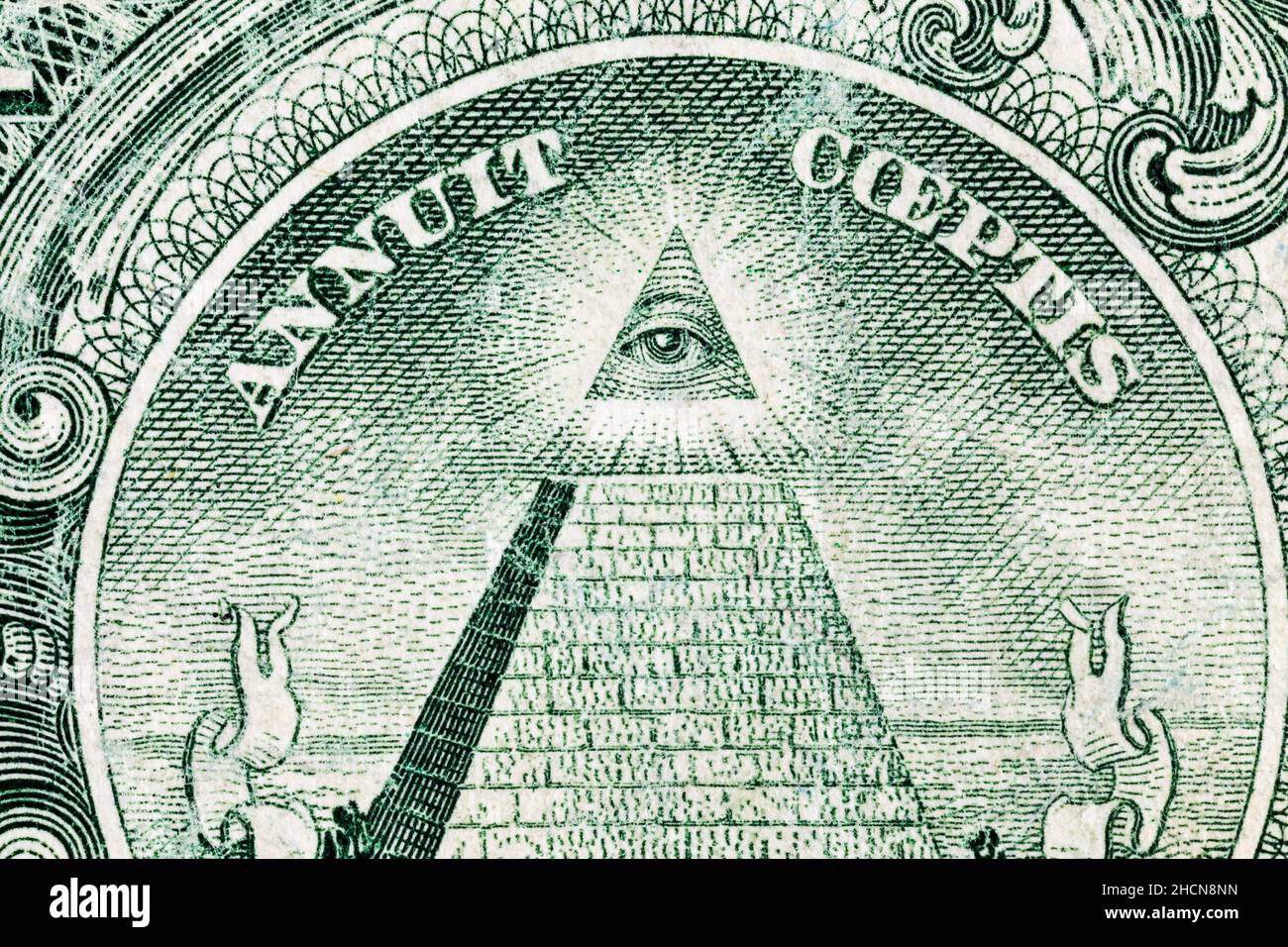 Close up of the Eye of Providence on a old worn US one dollar bill. Stock Photo