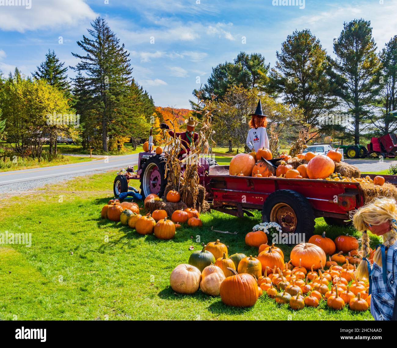 farmstand along the road decorated with Halloween scarecrows, old wagon and tractor, pumpkins and Jack O' Lanterns Stock Photo