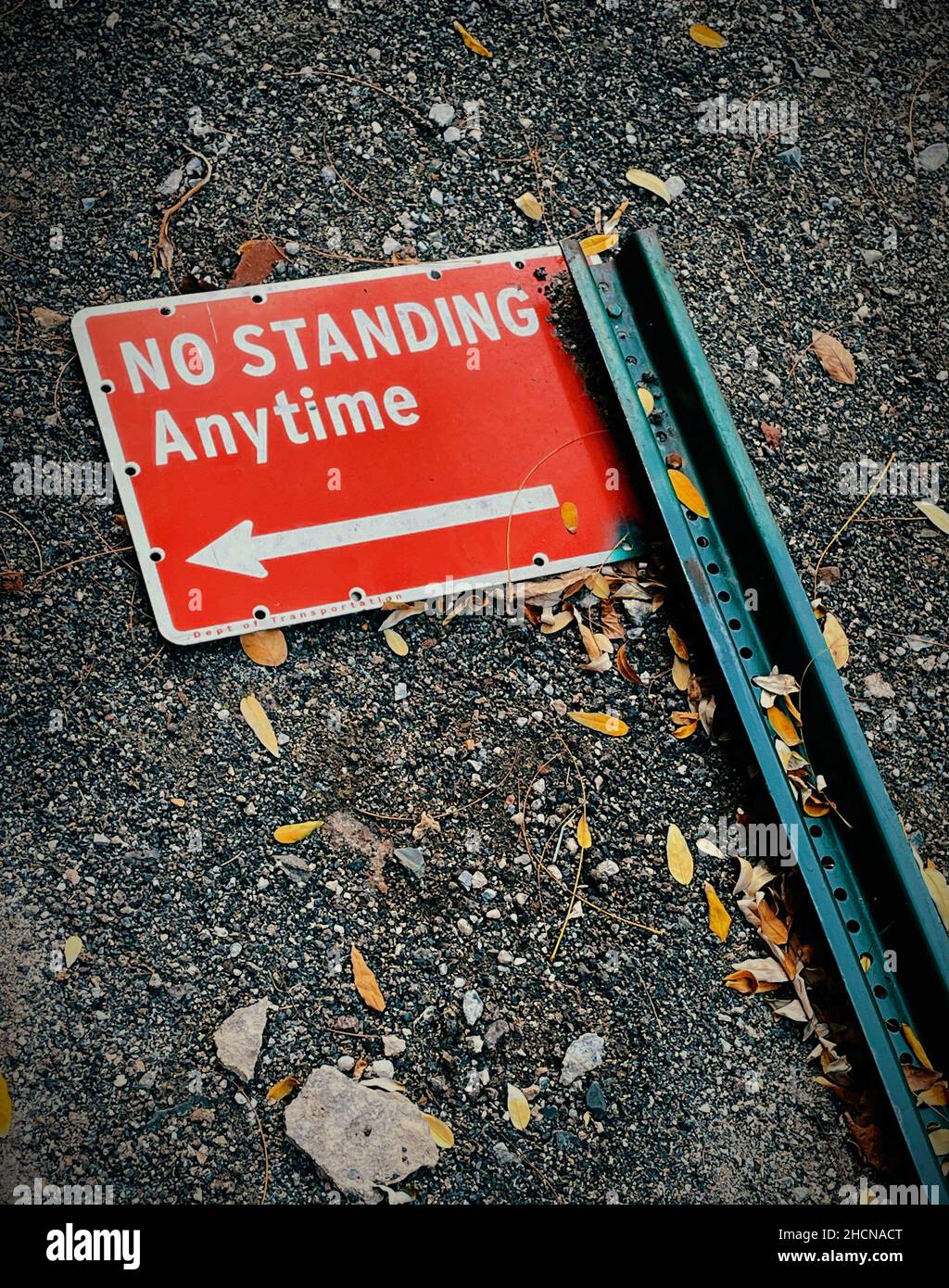 "No Standing Anytime" Street Sign Laying on Sidewalk, NYC, USA Stock