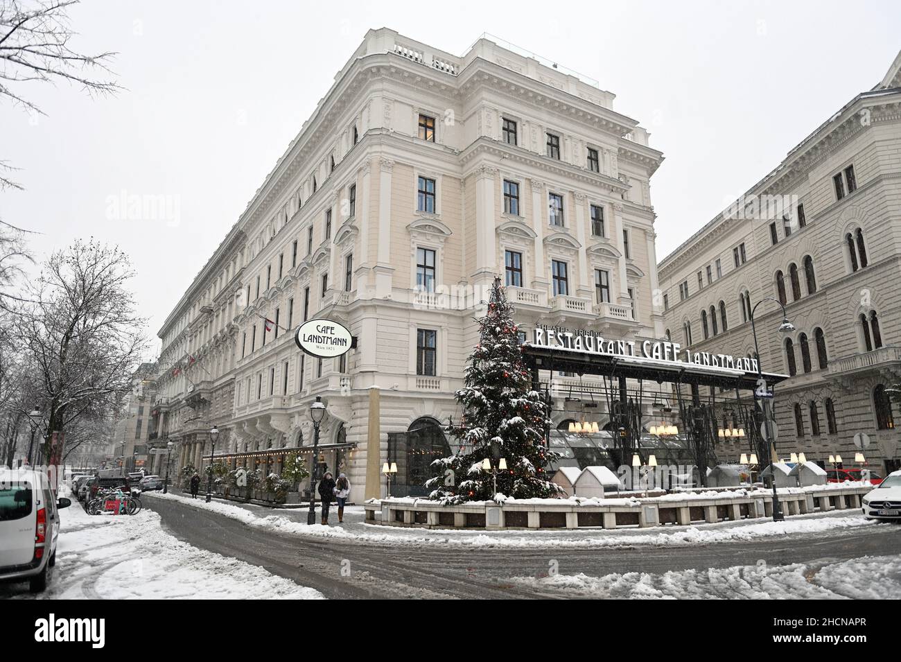 Vienna, Austria. Cafe Landtmann in Vienna with Christmas tree and rare snow Stock Photo