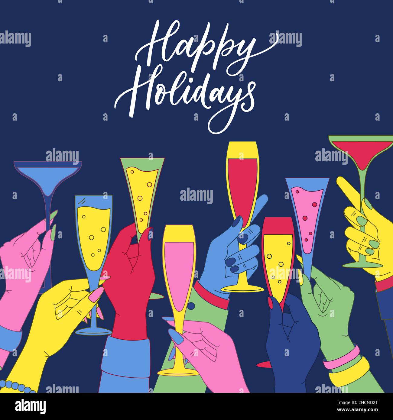 Human colorful hands holding drinking glasses with wine, champagne and cocktails. Vector flat cartoon illustration. Men and women cheers and celebrate Stock Vector
