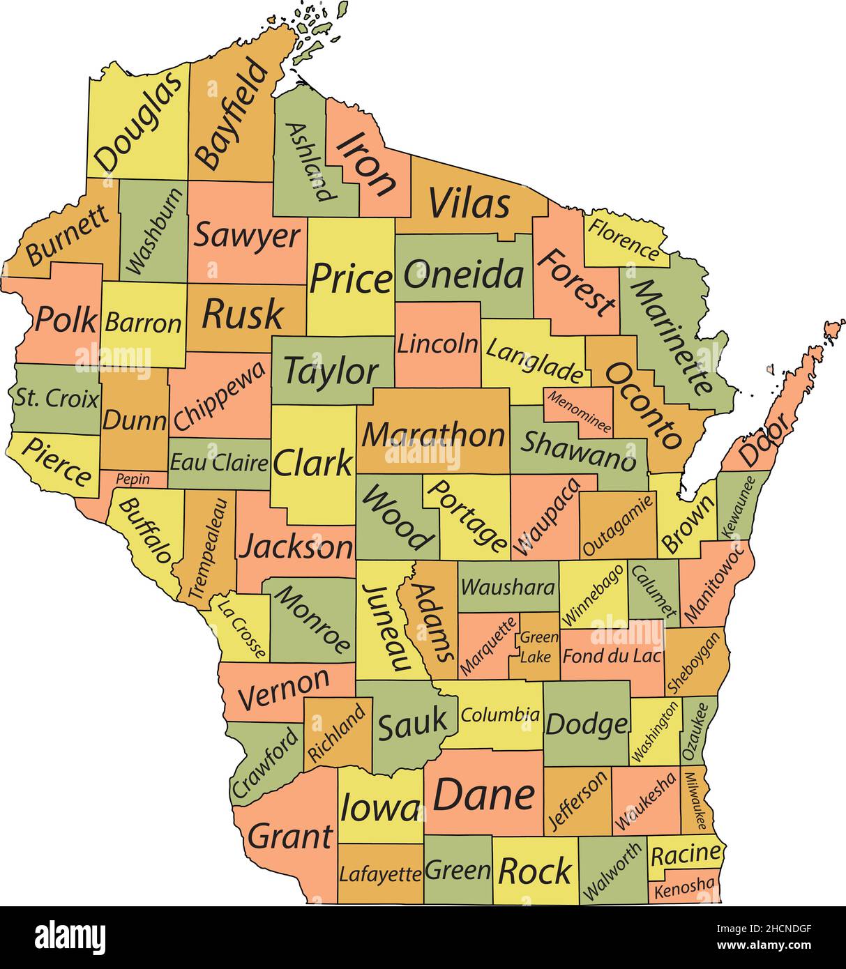 Pastel vector administrative map of the Federal State of Wisconsin, USA