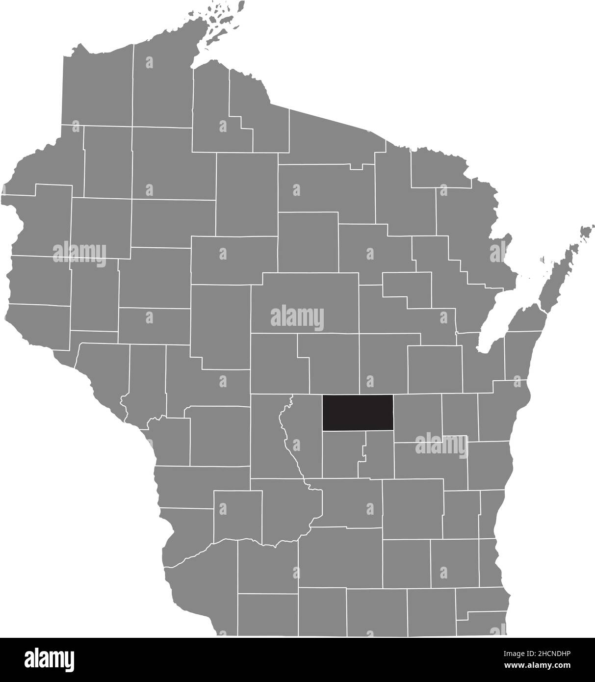 Black highlighted location map of the Waushara County inside gray