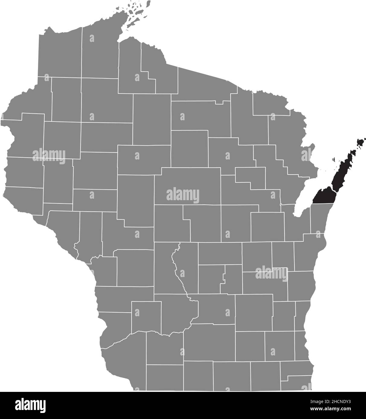 Black highlighted location map of the Door County inside gray