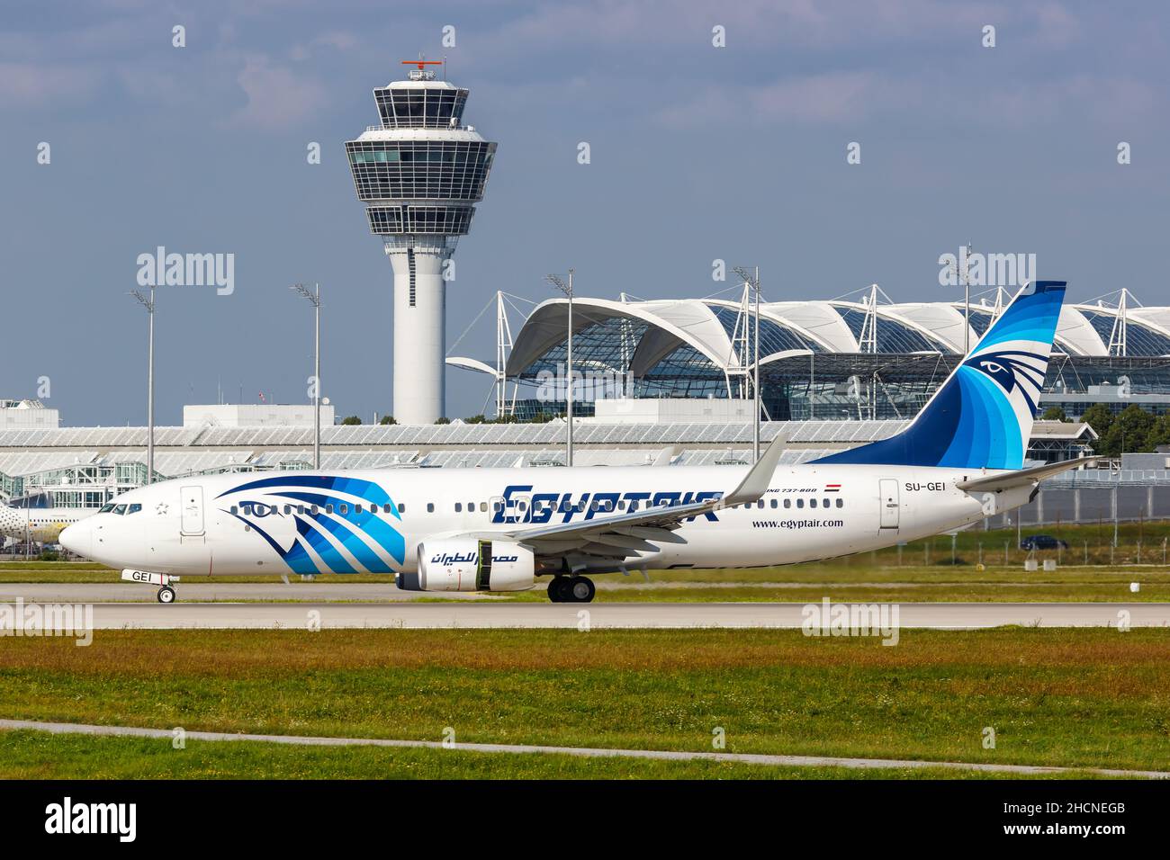 Munich, Germany - September 9, 2021: Egyptair Boeing 737-800 airplane at Munich airport (MUC) in Germany. Stock Photo