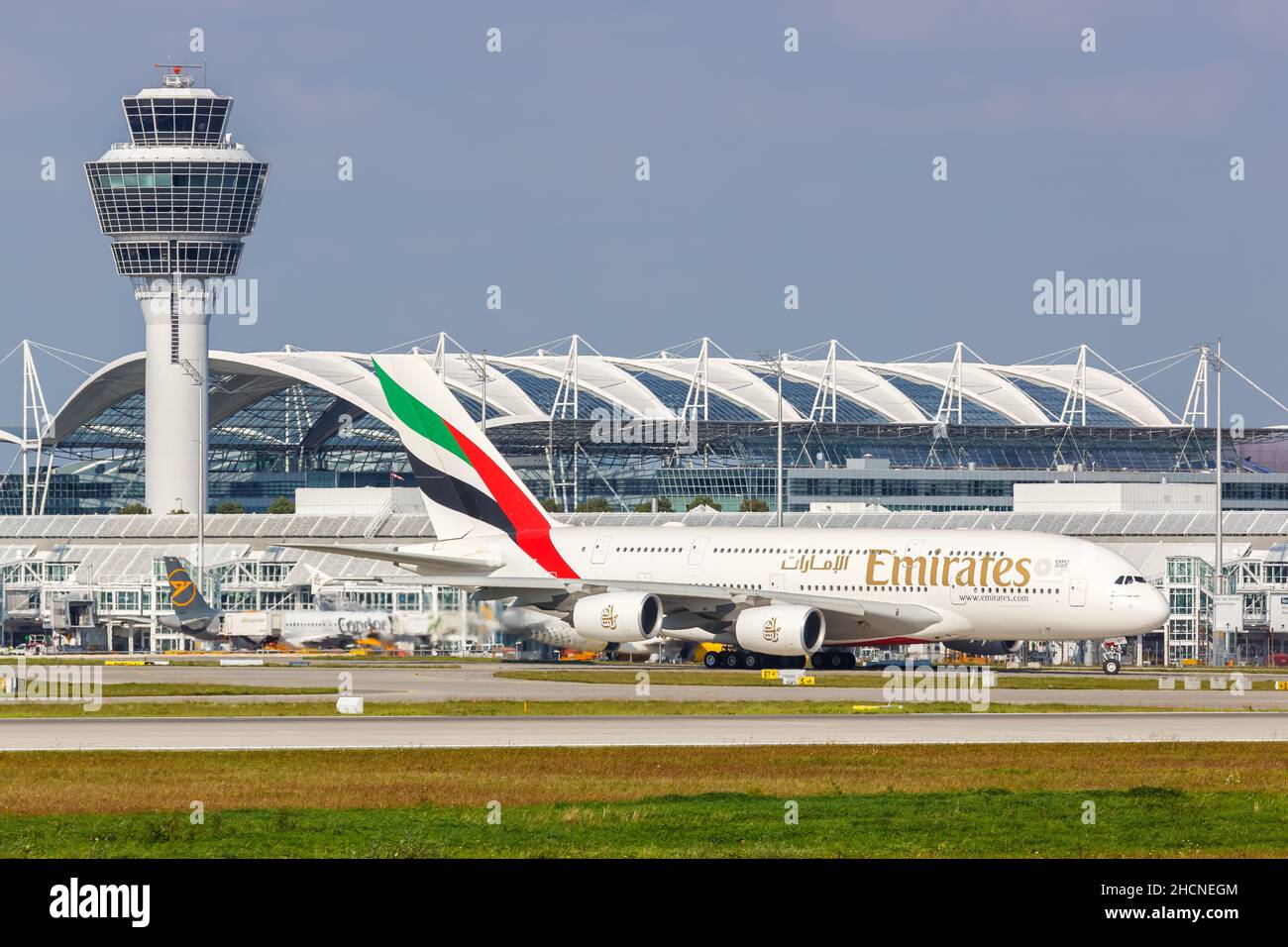 Munich, Germany - September 9, 2021: Emirates Airbus A380-800 airplane at Munich airport (MUC) in Germany. Stock Photo