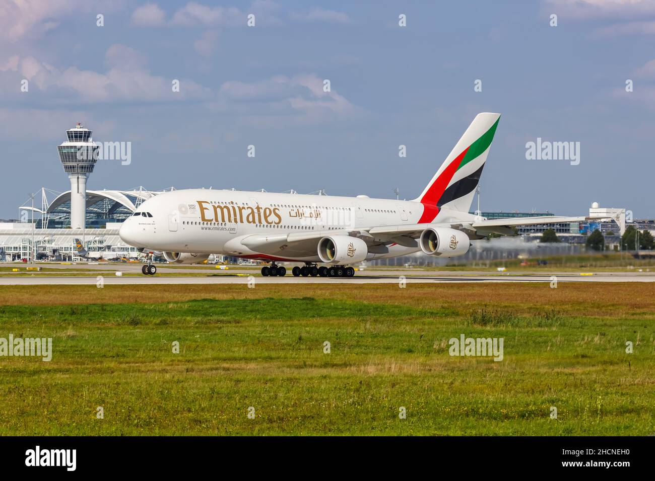 Munich, Germany - September 9, 2021: Emirates Airbus A380-800 airplane at Munich airport (MUC) in Germany. Stock Photo