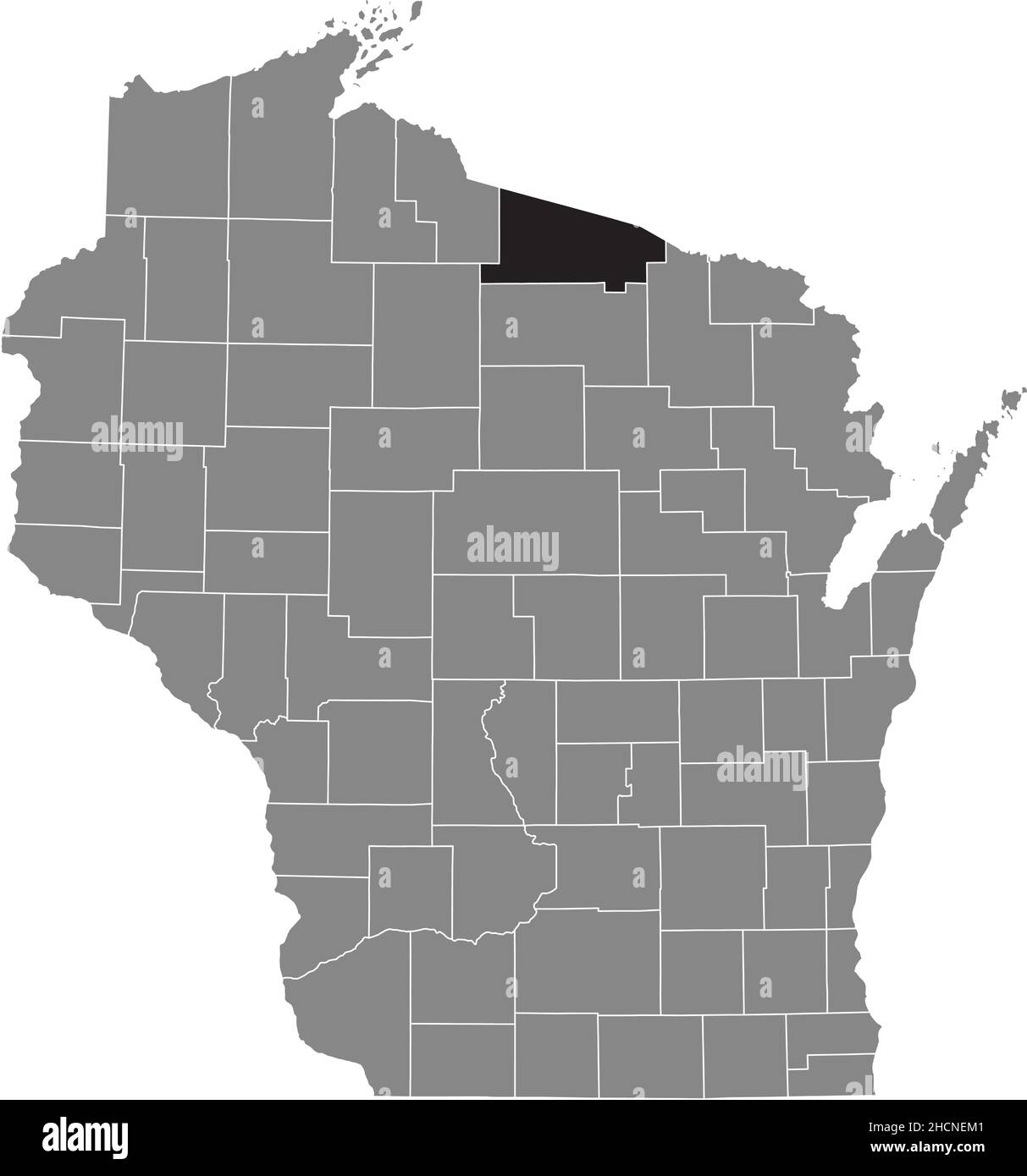 Black highlighted location map of the Vilas County inside gray administrative map of the Federal