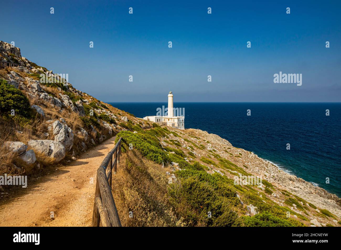 The lighthouse of Punta Palascia, in Otranto, Lecce, Salento, Puglia, Italy. The cape is Italy's most easterly point. The building is on the promontor Stock Photo