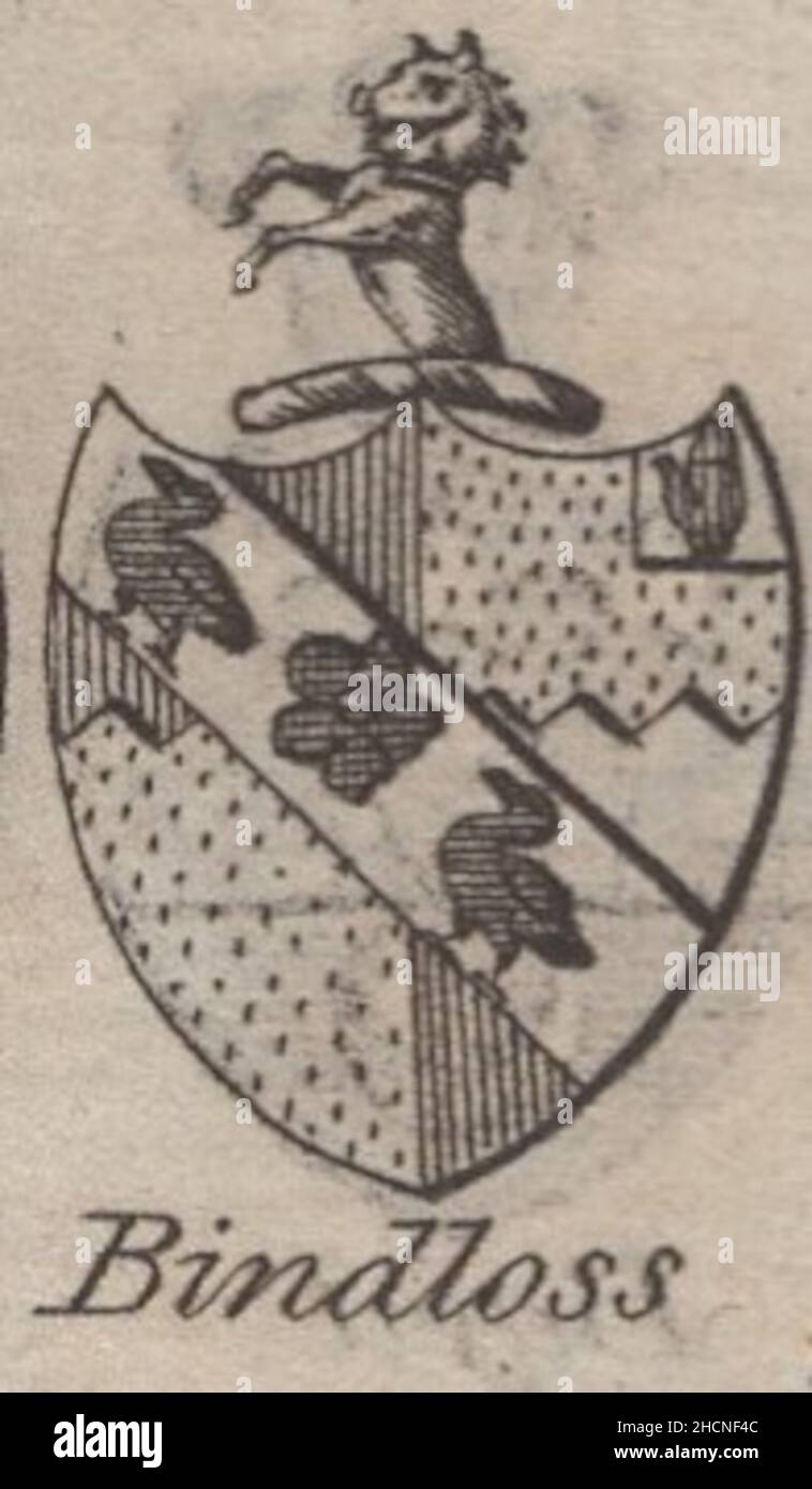antique 18th century engraving heraldy coat of arms, English Baronet of Bindloss by Woodman & Mutlow fc russel co circa 1780s Source: original engravings from  the annual almanach book. Stock Photo