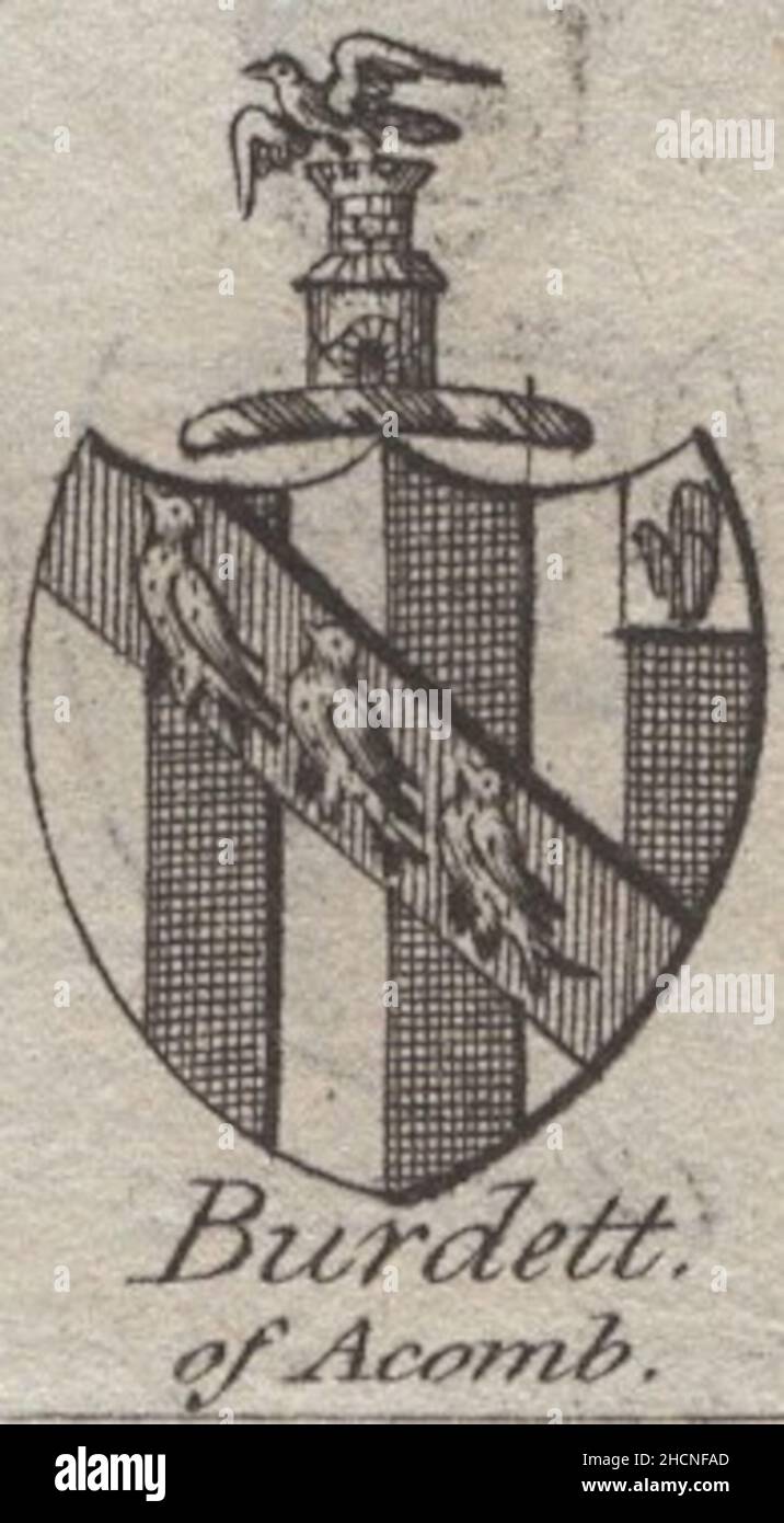 antique 18th century engraving heraldy coat of arms, English Burdett of by Woodman