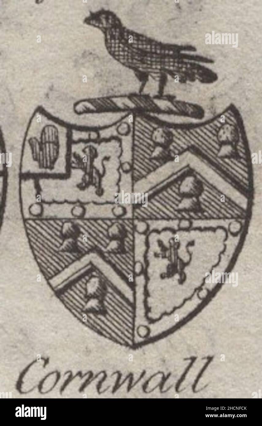 antique 18th century engraving heraldy coat of arms, English Baronet Cornwall by Woodman & Mutlow fc russel co circa 1780s Source: original engravings from  the annual almanach book. Stock Photo