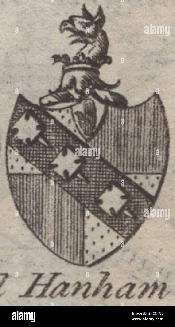 antique 18th century engraving heraldy coat of arms, English Baronet Hanham by Woodman & Mutlow fc russel co circa 1780s Source: original engravings from  the annual almanach book. Stock Photo