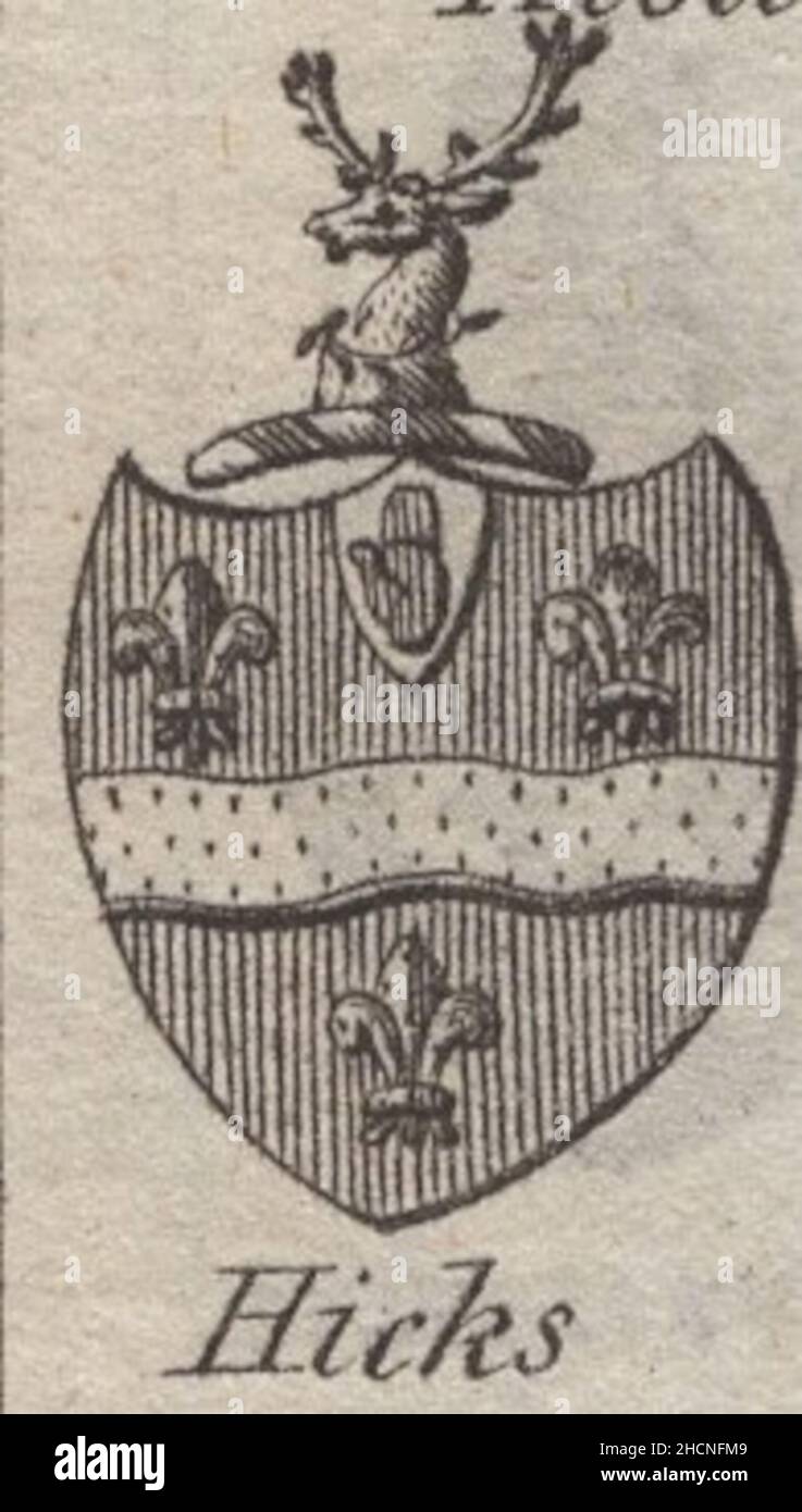 antique 18th century engraving heraldy coat of arms, English Hicks by Woodman & Mutlow