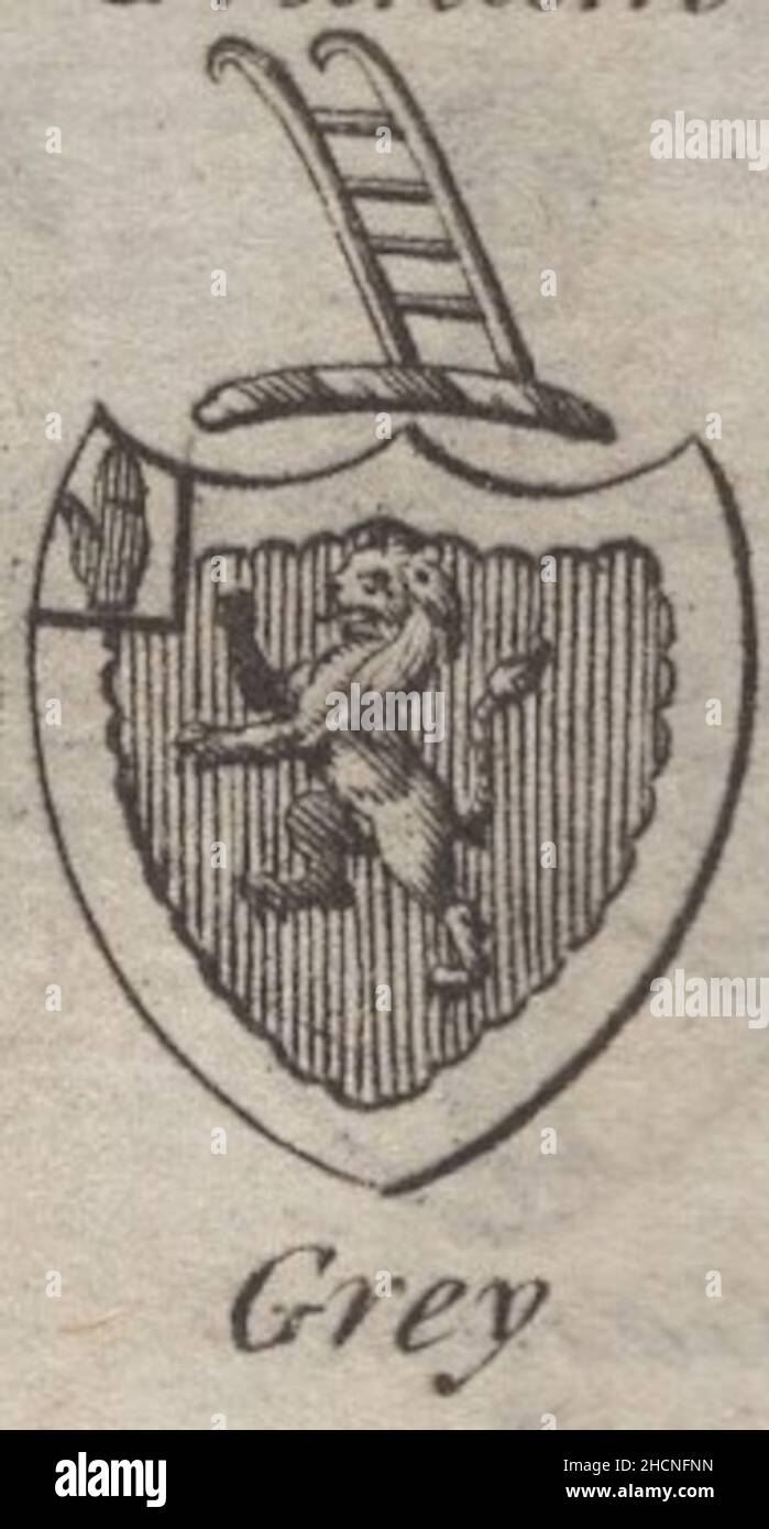 antique 18th century engraving heraldy coat of arms, English Baronet Grey by Woodman & Mutlow fc russel co circa 1780s Source: original engravings from  the annual almanach book. Stock Photo