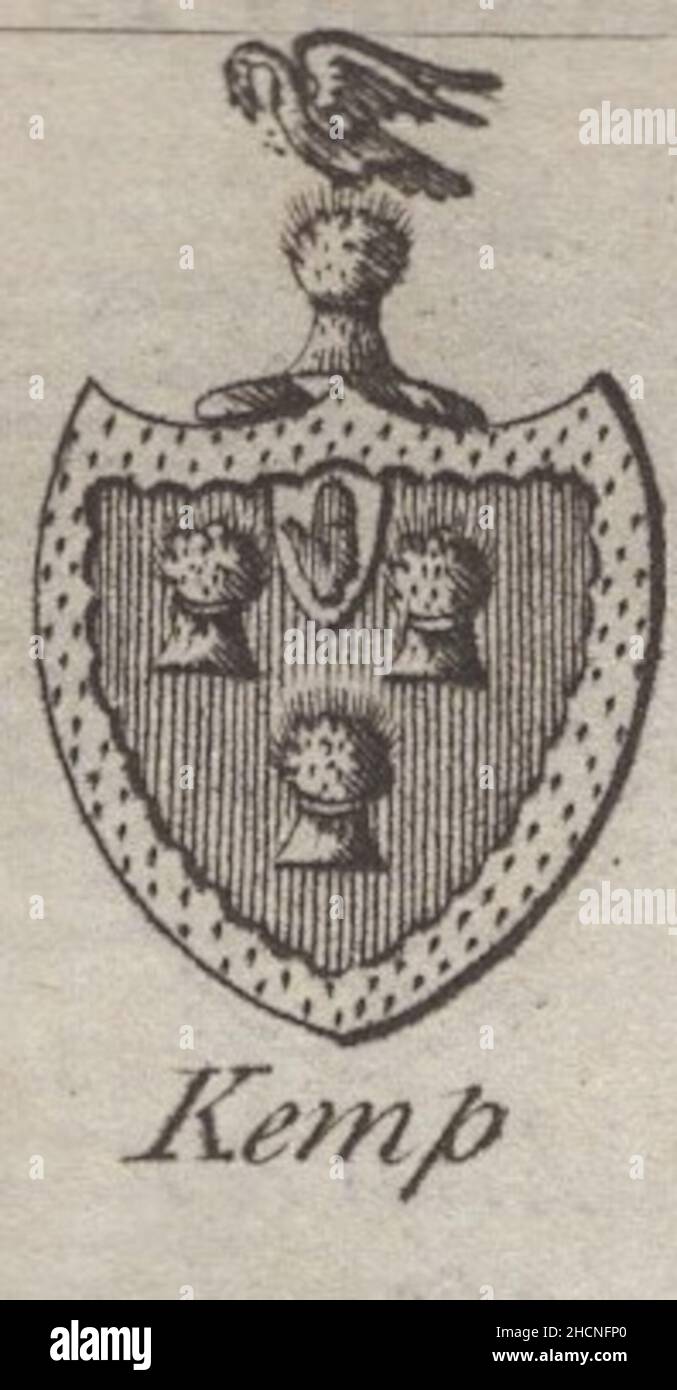 antique 18th century engraving heraldy coat of arms, English Baronet of Kemp by Woodman & Mutlow fc russel co circa 1780s Source: original engravings from  the annual almanach book. Stock Photo