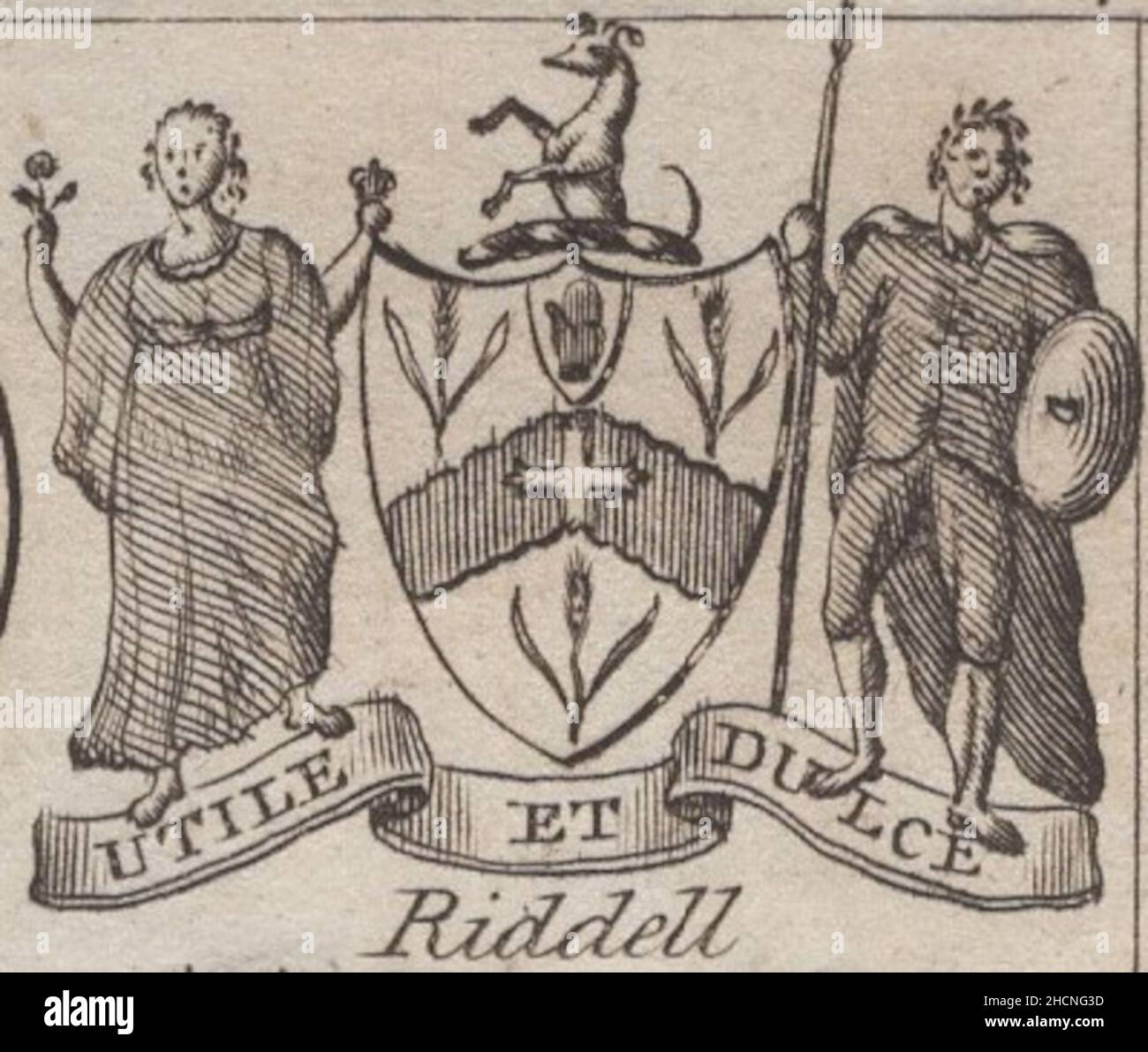 antique 18th century engraving heraldy coat of arms, English Baronet Riddell with slogan / motto : Utile et Dulce by Woodman & Mutlow fc russel co circa 1780s Source: original engravings from  the annual almanach book. Stock Photo