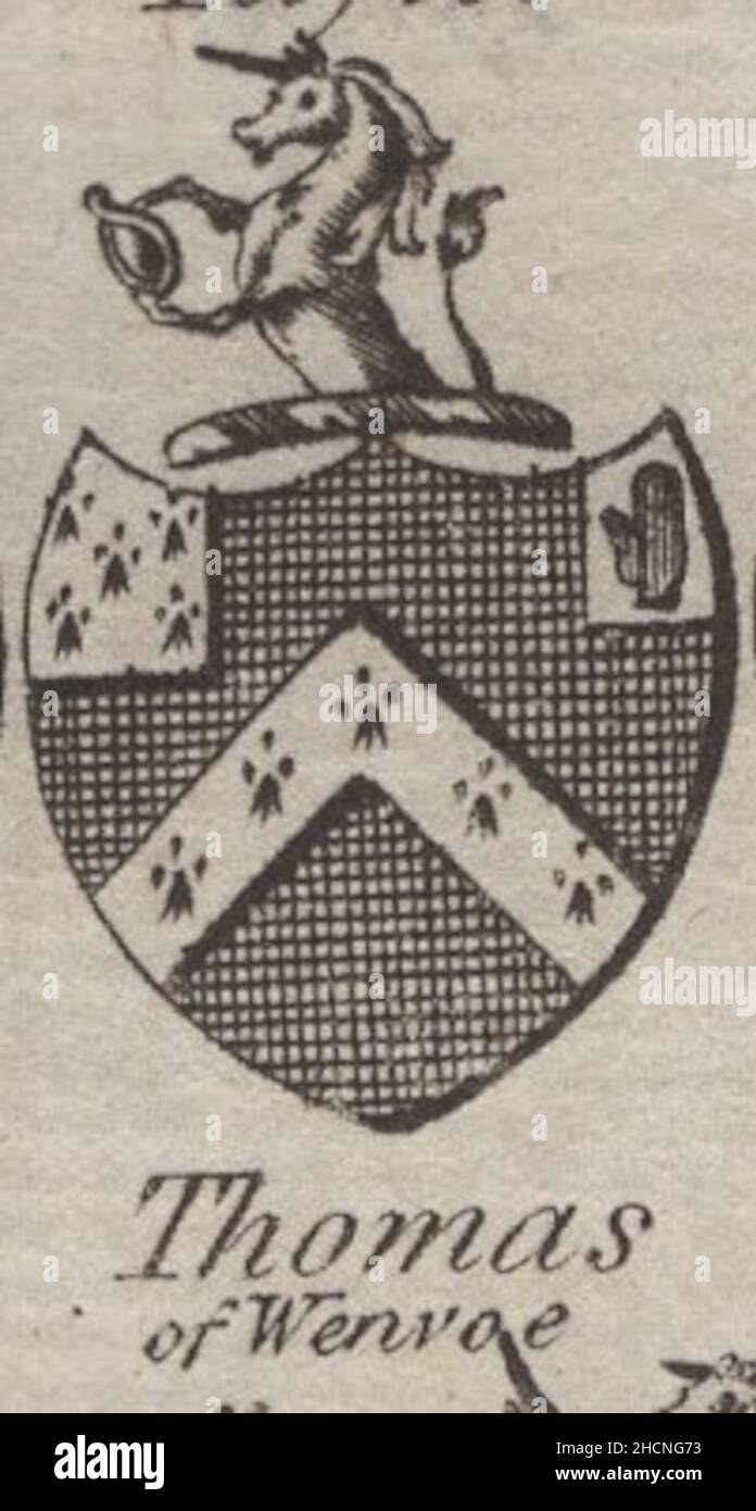 antique 18th century engraving heraldy coat of arms, English Baronet Thomas of Wenvoe  by Woodman & Mutlow fc russel co circa 1780s Source: original engravings from  the annual almanach book. Stock Photo
