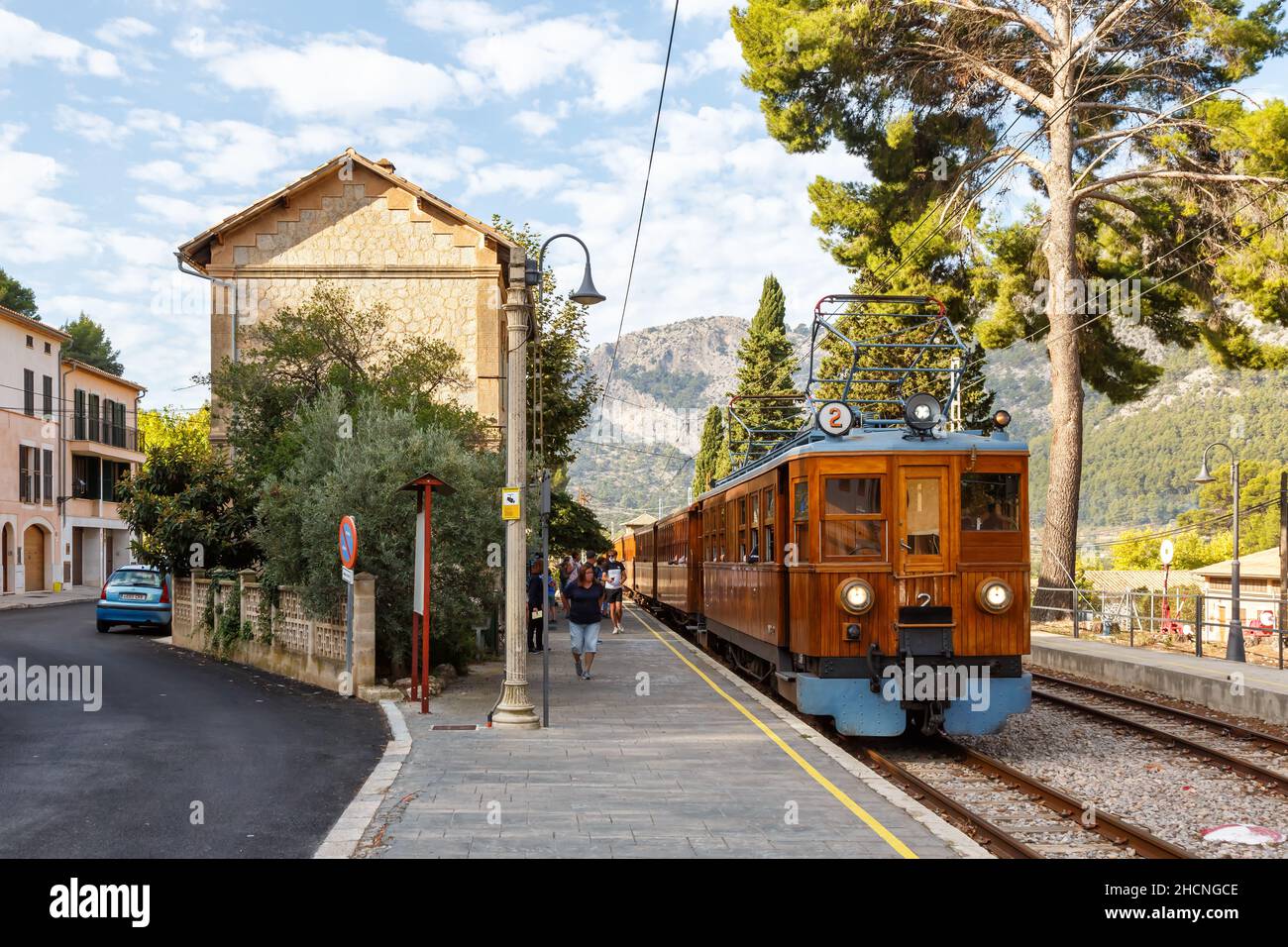 Bunyola, Spain - October 21, 2021: Ancient train Tren de Soller public transport transit transportation at Bunyola railway station on Mallorca in Spai Stock Photo