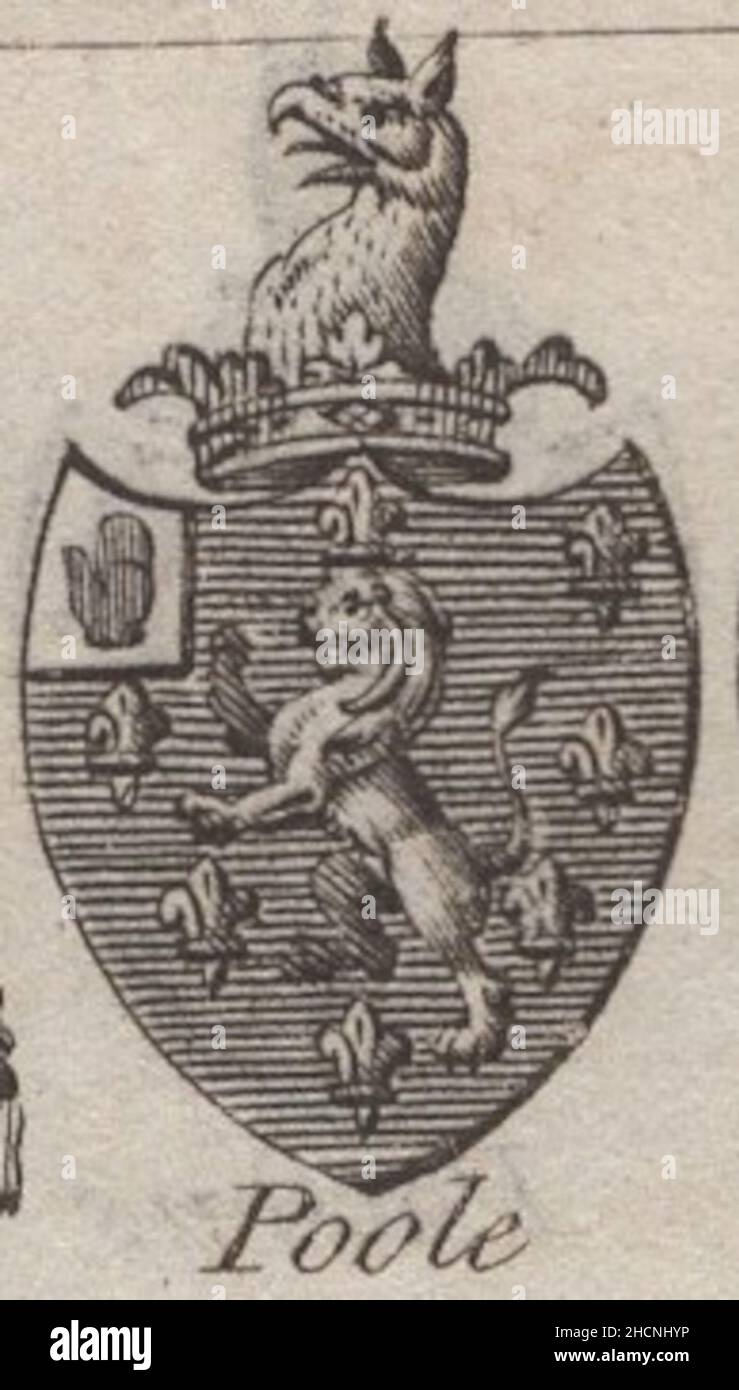 antique 18th century engraving heraldy coat of arms, English Baronet of  Poole  by Woodman & Mutlow fc russel co circa 1780s Source: original engravings from  the annual almanach book. Stock Photo