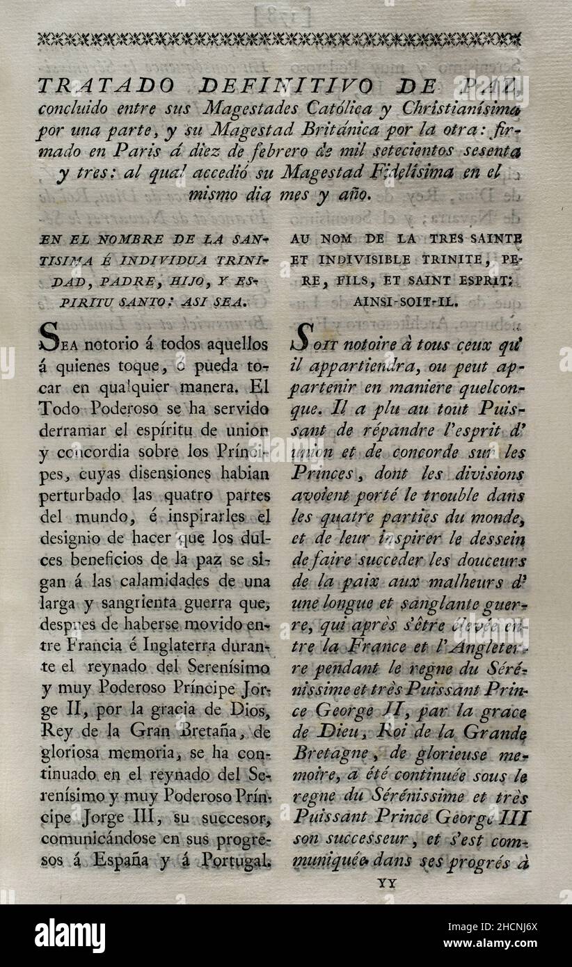 'Treaty of Paris' (1763). Definitive peace treaty, concluded between Great Britain, France and Spain. Signed in Paris on 10 February 1763 by the Duke Choiseul (France), the Marquis de Grimaldi (Spain) and the Duke of Bedford (Great Britain). The agreement led to a reorganisation of the territorial distribution of the colonies, where Great Britain was the main beneficiary. Collection of the Treaties of Peace, Alliance, Commerce adjusted by the Crown of Spain with the Foreign Powers (Colección de los Tratados de Paz, Alianza, Comercio ajustados por la Corona de España con las Potencias Extranjer Stock Photo