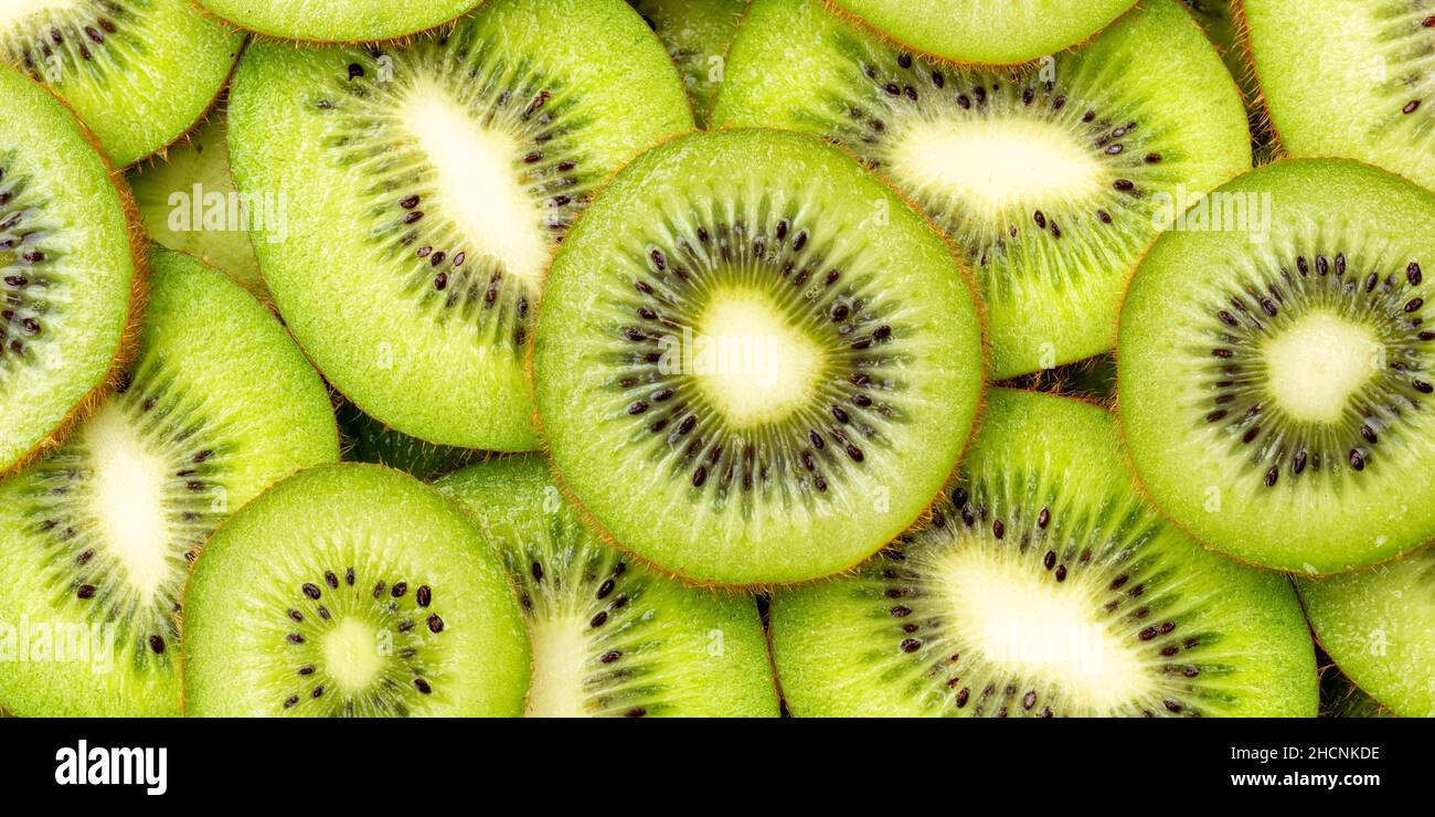 Kiwi fruit kiwis fruits background panorama from above fresh Stock