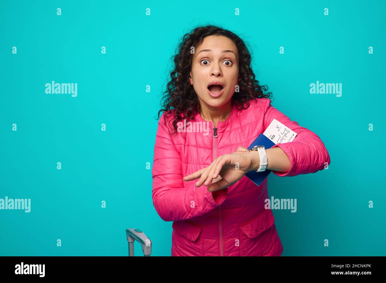 Surprised stunned woman with open mouth, surprised expression, checking