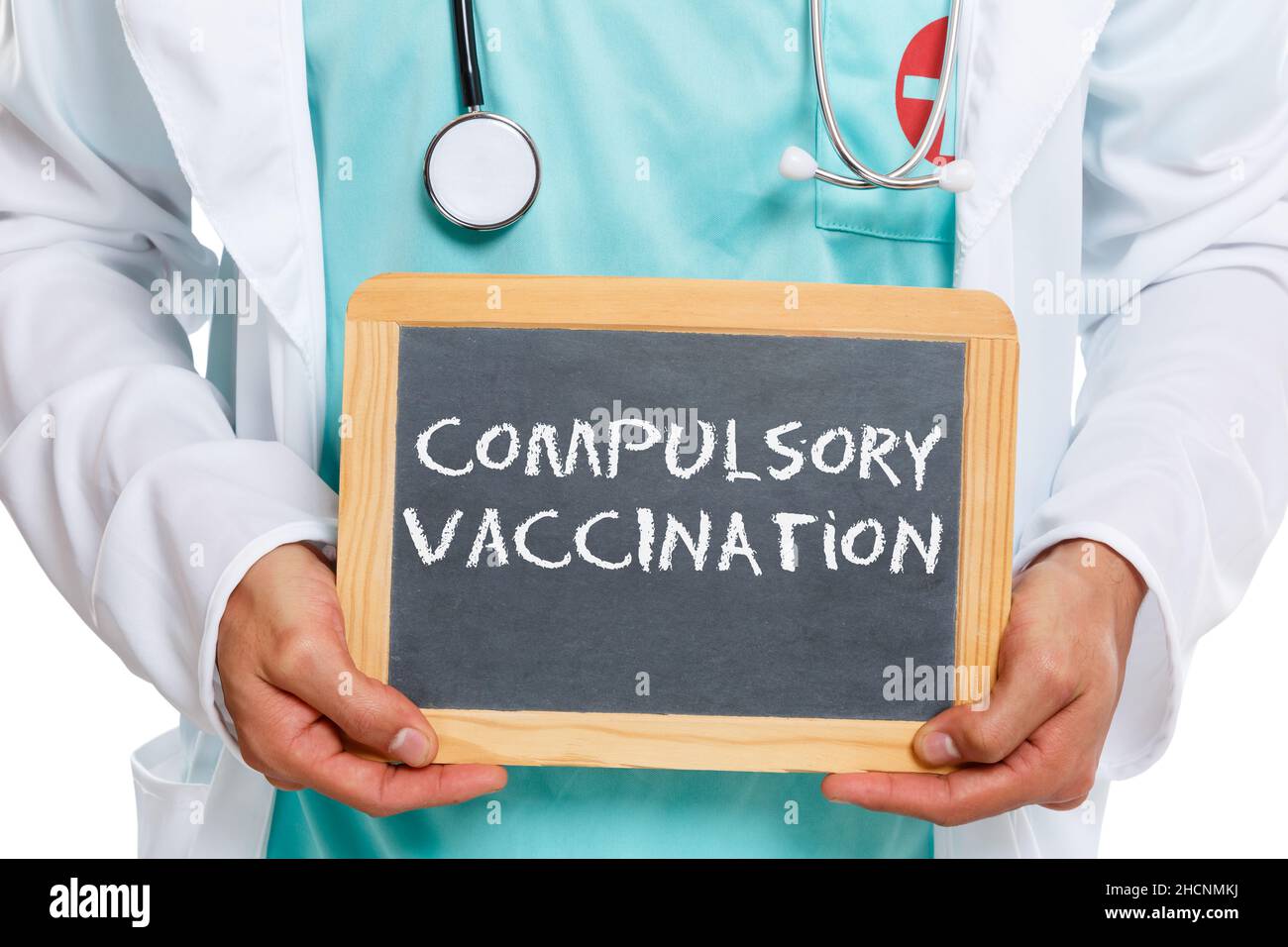 Compulsory vaccination against coronavirus vaccine hesitancy corona virus COVID-19 Covid doctor slate illness Stock Photo