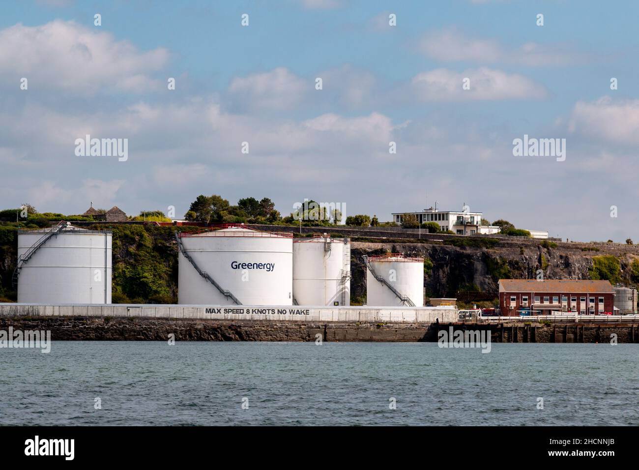 A view of Deadman's Bay from Plymouth Sound showing the Greenergy fuel terminal. Devon, UK Stock Photo
