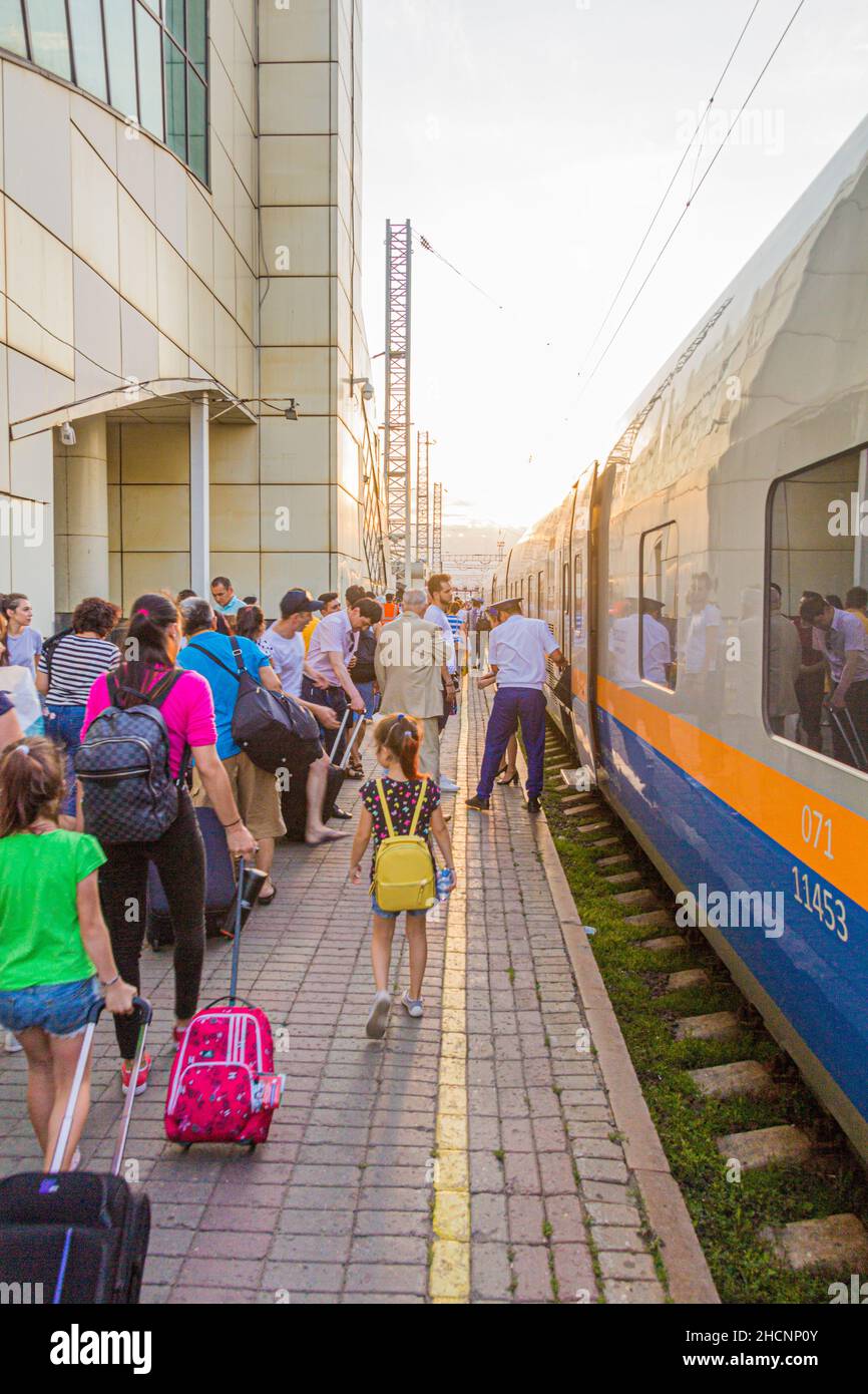 ASTANA, KAZAKHSTAN - JULY 9, 2018: Talgo train at the train station in Astana now Nur Sultan , Kazakhstan Stock Photo