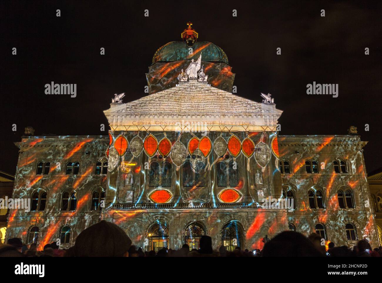 Bern, Switzerland - November 11. 2017: the yearly Light Show 'Rendesz-vous Bundesplatz' projected on Swiss government building. The light and sound sh Stock Photo