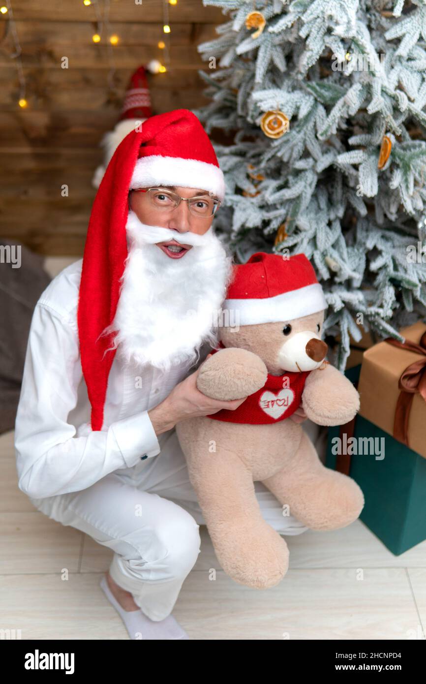 Christmas santa bear classes toy, in the afternoon man costume for claus male december, laus cheerful. Teddy christmas hristmas, present time beard Stock Photo