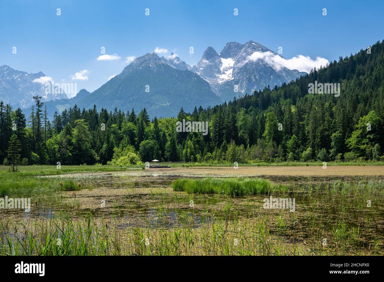 View of the idyllic Taubensee and the Hochkalter mountain range, Ramsau in summer, Bavaria, Germany Stock Photo