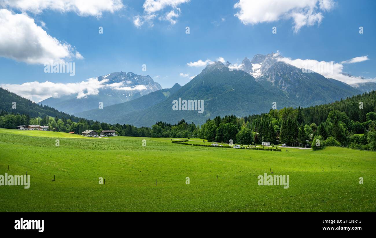Bavaria in summer, Hochkalter and Watzmann mountain range, Ramsau, Bavaria, Germany Stock Photo