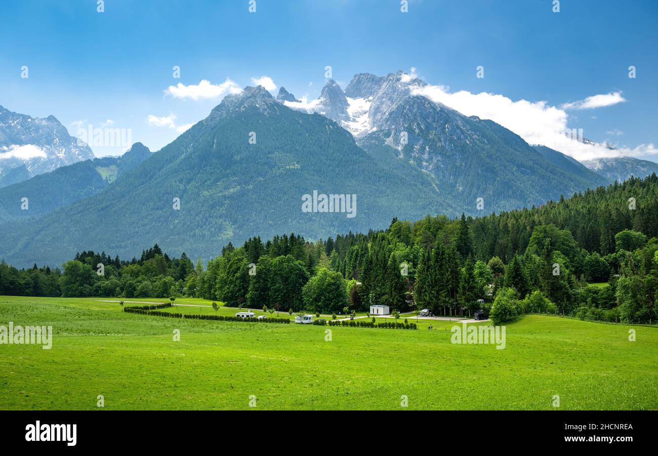 Idyllic campsite in Bavaria in front of the impressive Hochkalter mountain range, Ramsau, Bavaria, Germany Stock Photo