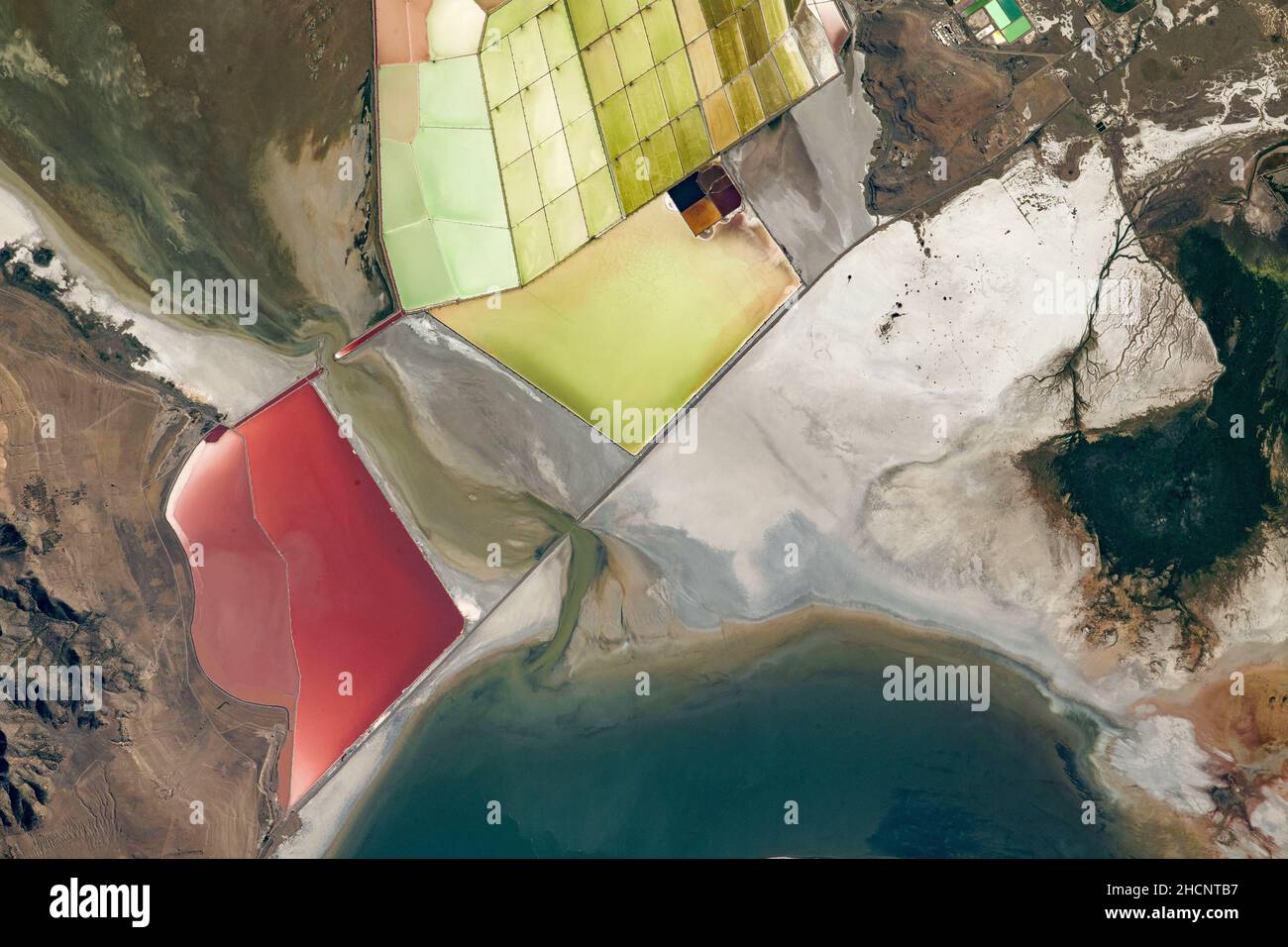 Great Salt Lake in Utah, USA, showing colourful salt flats Stock Photo