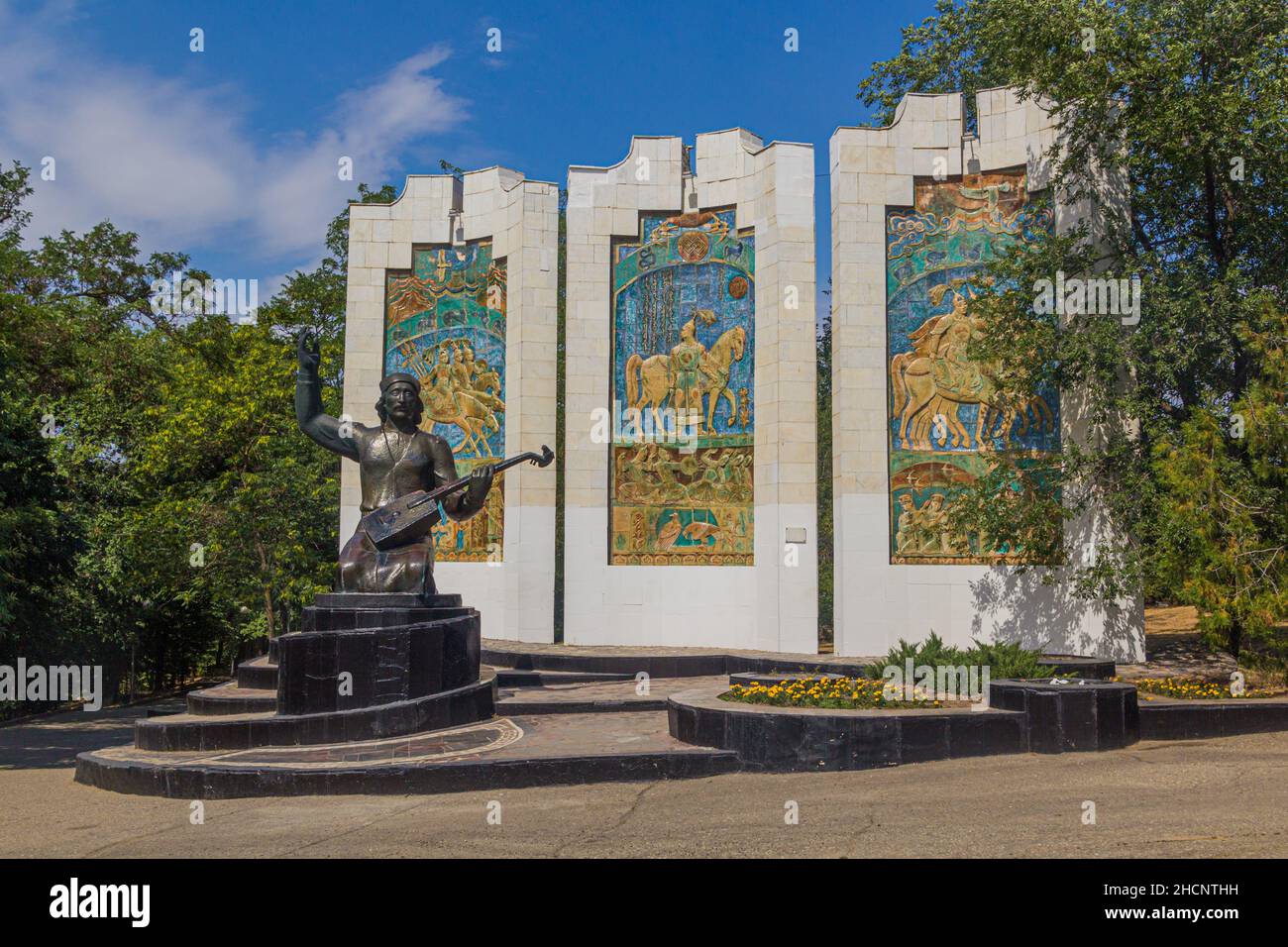 ELISTA, RUSSIA - JUNE 27, 2018: Monument of Jangarchi narrator of the Kalmyk epic Dzhangar or Jangar Eelyan Ovla in Elista, Kalmykia, Russia Stock Photo